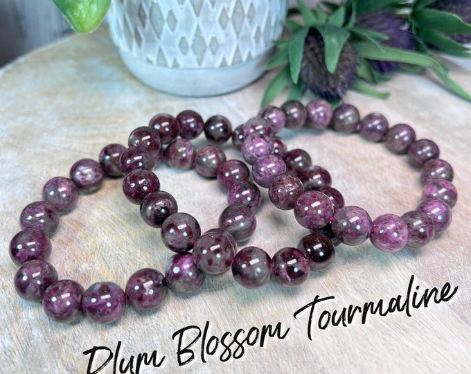 Plum Blossom Tourmaline Crystal Bracelets, Tourmaline in Quartz Bracelet, Tourmaline Crystal Bracelet, 11-12mm Round Beads