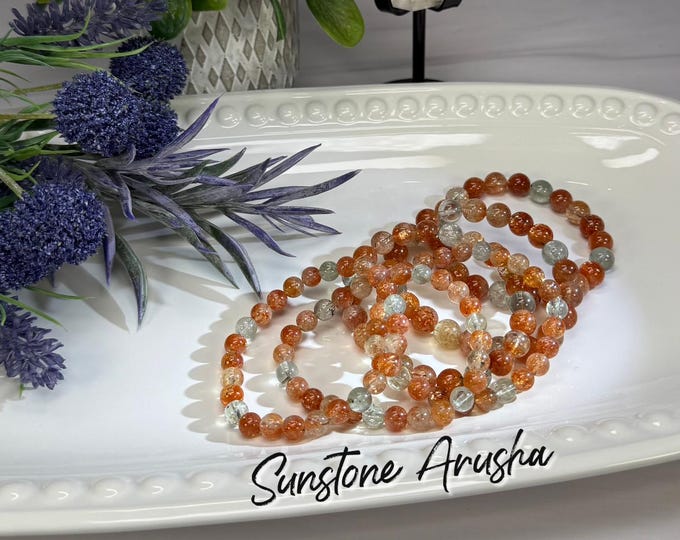 Arusha Sunstone Bracelet, Green Beryl and Sunstone, Stretchy Bracelet, Rainbow Confetti Sparkles, 7-8mm or 8-9mm Round Beads