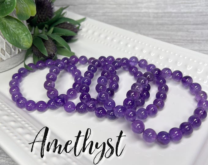 Amethyst Bracelet, 9-10mm, Round Bead, Clear Purple Amethyst Quartz Crystal Bracelet, Amethyst Gemstone Bracelet, Healing Crystals (2)