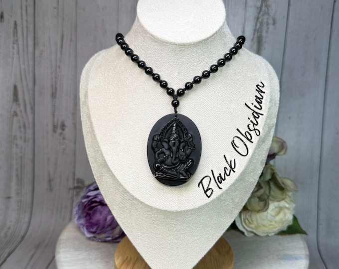 Black Obsidian Lord Ganesha Necklace, 6mm Hand-Tied Beads with Large Ganesha Carving Pendant, Lord Ganesha - Remover of Obstacles