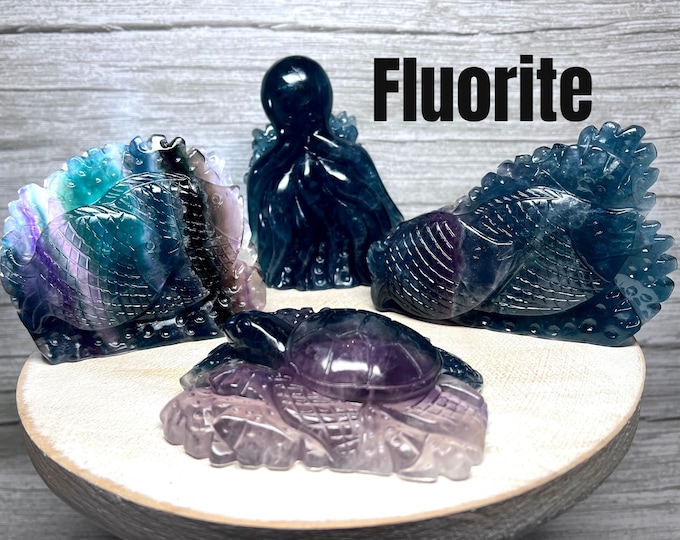 Fluorite Octopus Carving, Fluorite Turtle Carving, Fluorite Fish Carving, Fluorite Sea Creature Carving, Fluorite Crystal Carving