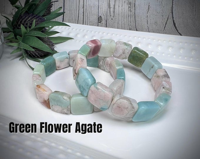 Green Flower Agate Bracelet, Flower Agate Soft Bangle, Square Bead, Natural Color, Stretchy Bangle
