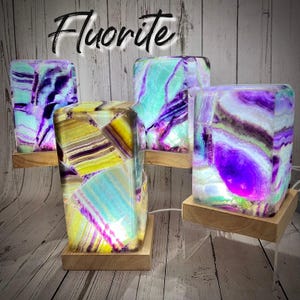 Rainbow Fluorite Lamp, Rainbow Fluorite Crystal Light, Night Light, Accent Lighting, Wooden USB Light Base, Mental Clarity & Calming