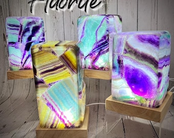 Rainbow Fluorite Lamp, Rainbow Fluorite Crystal Light, Night Light, Accent Lighting, Wooden USB Light Base, Mental Clarity & Calming
