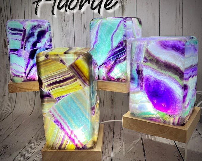 Rainbow Fluorite Lamp, Rainbow Fluorite Crystal Light, Night Light, Accent Lighting, Wooden USB Light Base, Mental Clarity & Calming