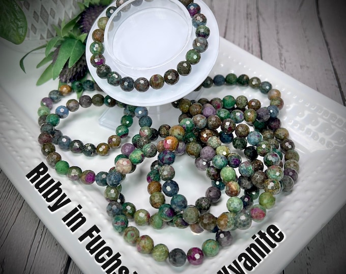 Ruby in Fuchsite and Kyanite Bracelet, Ruby Fuchsite & Kyanite, 8-9mm Faceted Bead Bracelet, UV Reactive Crystal Bracelet (3)