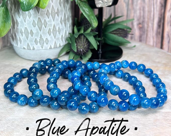 Blue Apatite Bracelet, Blue Apatite Crystal, 9-9.5mm Round Beads, Manifestation Stone