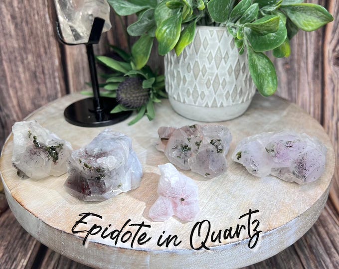 Epidote on Quartz, Epidote and Quartz Crystal, Small Epidote Quartz Points