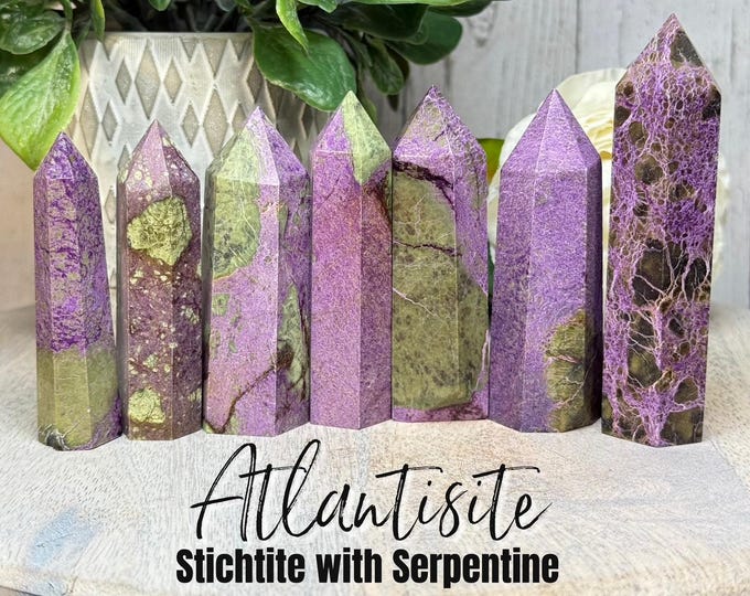 Atlantisite, Stichtite with Serpentine Tower, Stichtite and Serpentine Crystal, Purple Crystal, Stone of Peace (3)