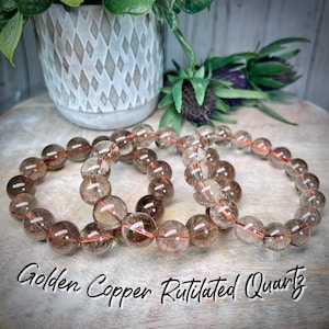 Gold and Copper Rutilated Quartz Crystal Bracelet, Copper Rutile Quartz Bracelet, 12mm or 14-15mm Round Beads