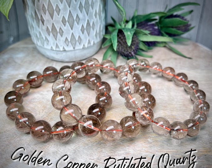 Gold and Copper Rutilated Quartz Crystal Bracelet, Copper Rutile Quartz Bracelet, 12mm or 14-15mm Round Beads