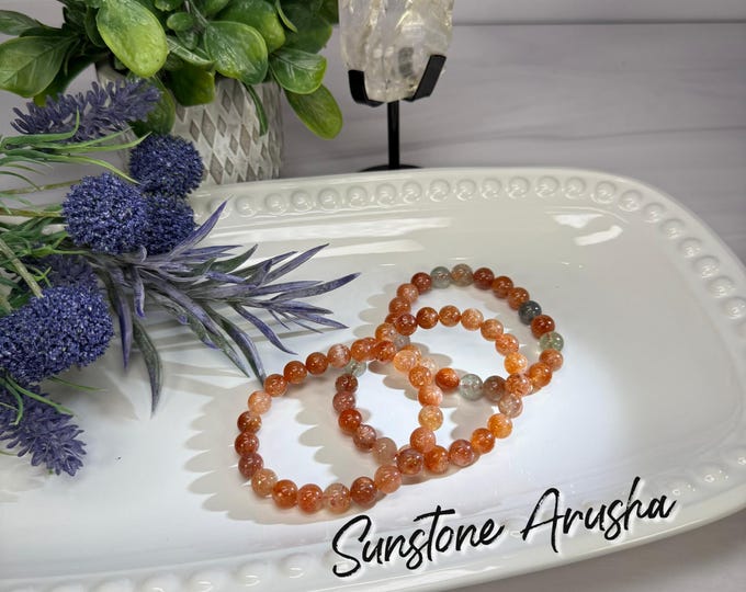Arusha Sunstone Bracelet, Green Beryl and Sunstone, Stretchy Bracelet, Rainbow Confetti Sparkles, 8-9mm Round Beads