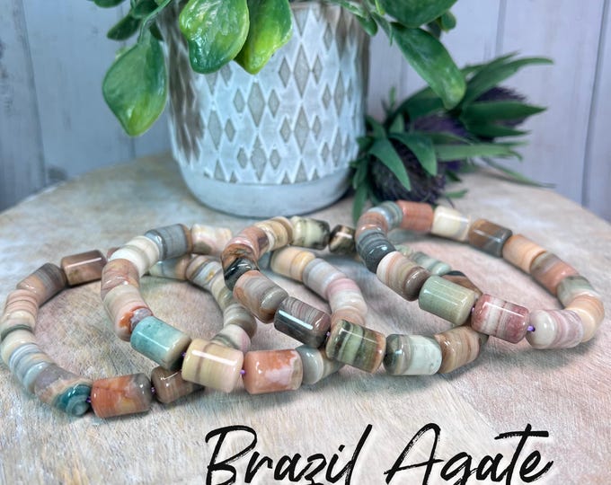 Brazilian Agate Bracelet, Brazil Agate Bracelet, Colorful Layers, 10x13mm Barrel Beads