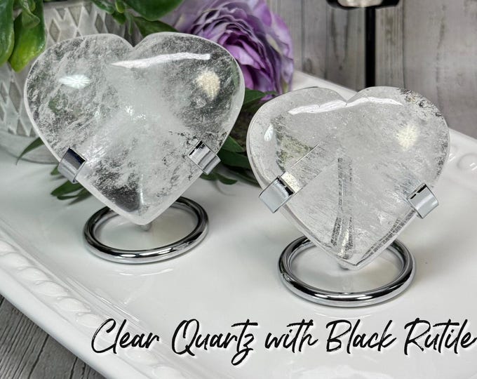 Clear Quartz with Black Rutile Heart Carving on Metal Stand, Clear Quartz Heart, Black Rutilated Quartz Heart, Silver Metal Stand
