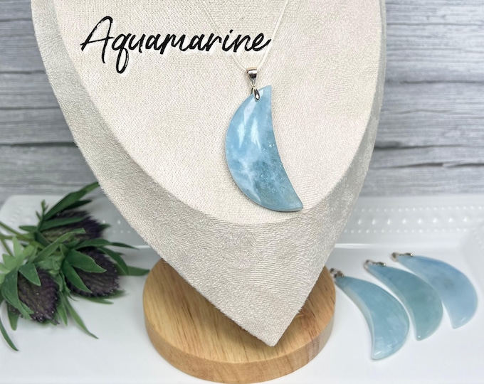 Large Aquamarine Moon Pendant, Aquamarine Crescent Moon Pendant, 925 Silver Clasp