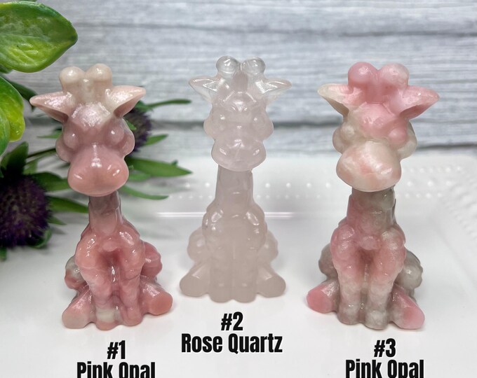 Crystal Giraffe Carving, Pink Opal Giraffe, Rose Quartz Giraffe