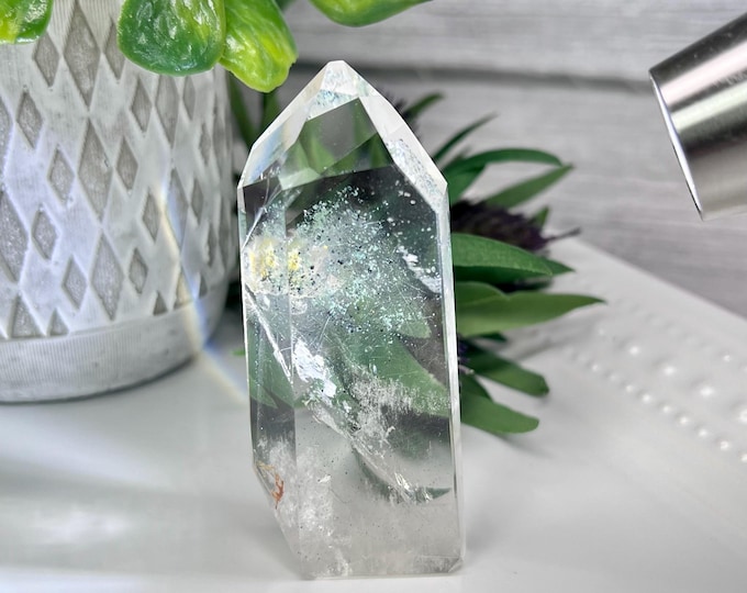 Garden Quartz Freeform with Mica and Rutile, Green Mica Inclusions, "Hairs of Venus" Rutile Inclusions, Phantom Quartz