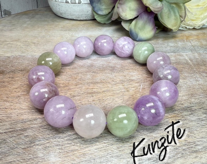 Purple and Green Kunzite Bracelet, Cat Eye Kunzite Crystal Bracelet, 14-15mm Round Beads