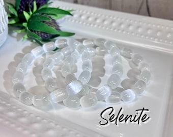 Selenite Bracelet, Cylinder Selenite Crystal Bracelet, Selenite Crystal, Selenite 8mm Bracelet