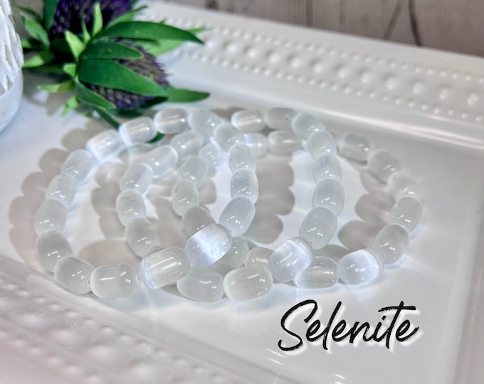Selenite Bracelet, Cylinder Selenite Crystal Bracelet, Selenite Crystal, Selenite 8mm Bracelet