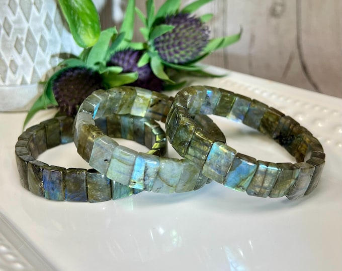 Labradorite Crystal Bracelet, Labradorite Soft Bangle Bracelet, Rectangle Beads, Stretchy Bangle Bracelet - Size Small