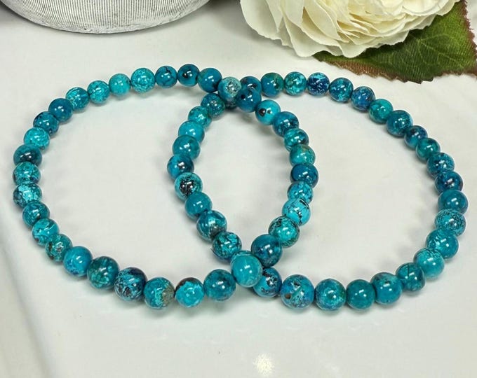 Chrysocolla Bracelet, Chrysocolla and Azurite, Blue Green Crystal, 5.7mm Round Beads