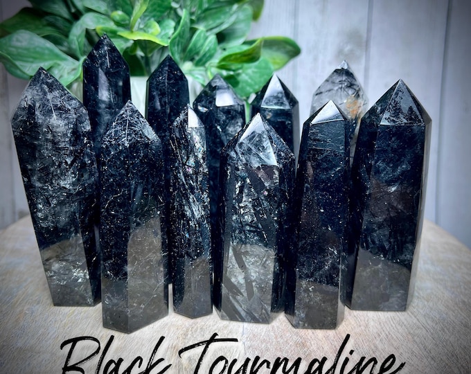 Black Tourmaline in Quartz Tower, Black Rutilated Quartz, Black Tourmaline Tower