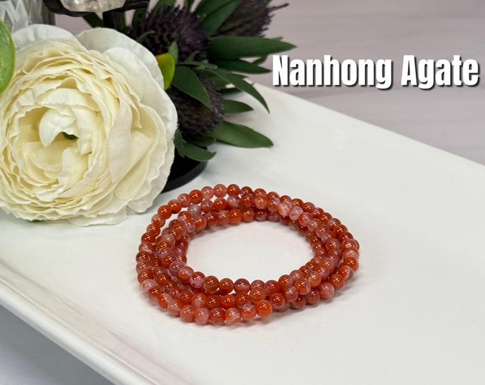 Nanhong Agate Wrap Bracelet or 28" Necklace, South Red Agate, Elastic String, 4.5mm Round Beads