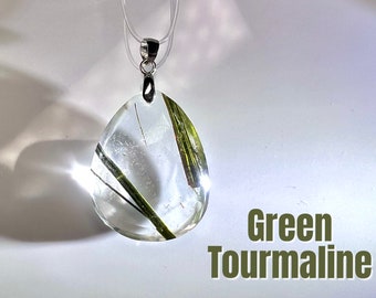 Green Tourmaline Pendant, Green Tourmaline in Quartz Pendant, Tourmalated Quartz, 925 Silver Clasp