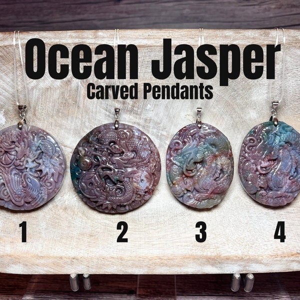 Ocean Jasper Pendant, Ocean Jasper Carved Pendant, Ocean Jasper Dragon,  Ocean Jasper Phoenix, 925 Silver Clasp