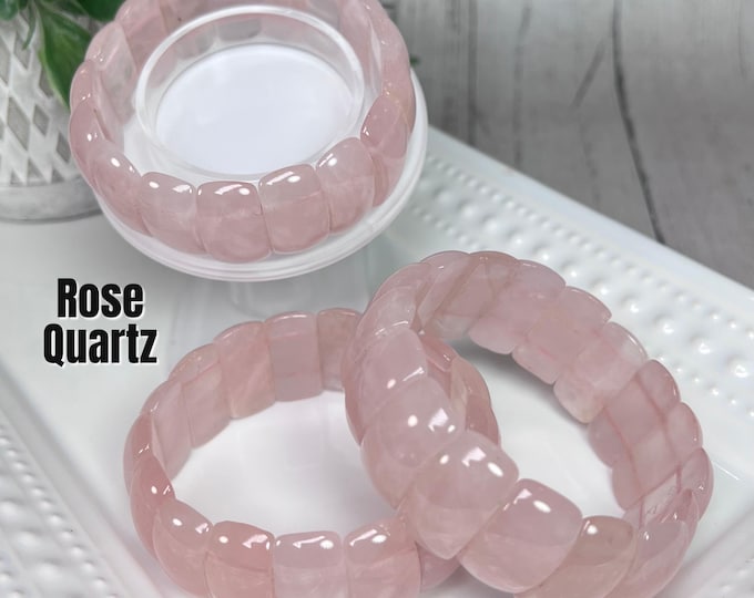 Rose Quartz Soft Bangle Bracelet, Large Rose Quartz Bracelet, Large Oval Beads, Rose Quartz Crystal Bracelet