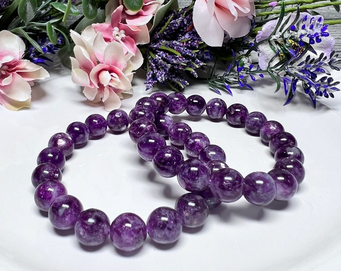 Purple Emerald Quartz Bracelet, Purple Lepidolite with Mica Bracelet, Lepidolite with Mica Crystal, 10mm Round Beads