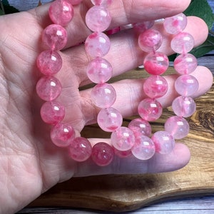 Ice Rhodonite Bracelet, Rose Rhodonite, Sakura, Cherry Rain, Round Bead ...