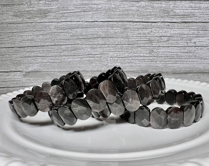 Silver Obsidian Bracelet, Silver Obsidian Soft Bangle, Silver Obsidian Crystal Bracelet