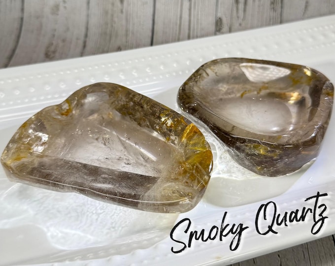 Smoky Quartz with Golden Healer Small Bowl, Smoky Quartz Dish, Smoky Quartz Bowl, Crystal Trinket Dish, Hand Carved