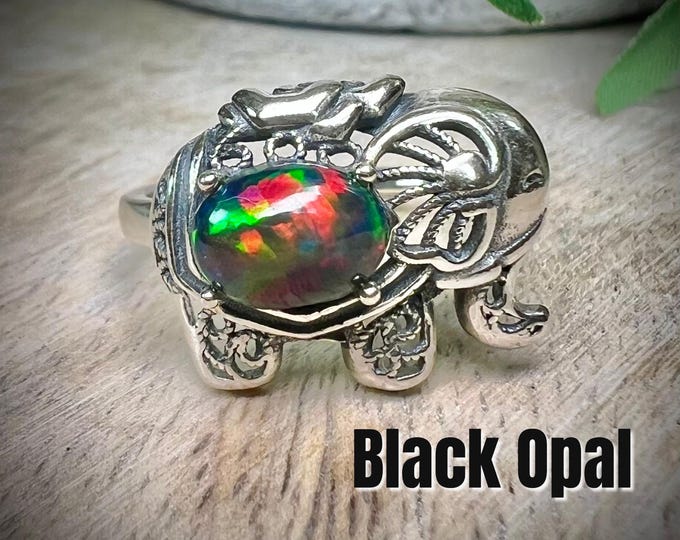 Black Opal Elephant Ring, Black Opal Crystal, Black Opal with Fire, 925 Silver Elephant Ring Setting with Adjustable Band