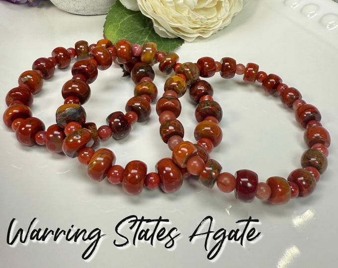 Warring States Red Agate Bracelet, Fighting Agate Bracelet, Red Agate Bracelet, Rondelle Wheel Disc Beads and Round Beads