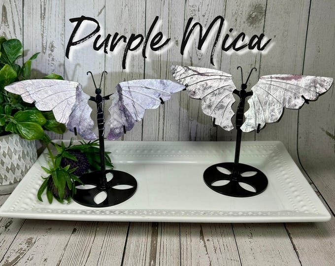 Flashy Purple Mica Butterfly Wings, Hand Carved Crystal Butterfly Wings, Custom Metal Stand