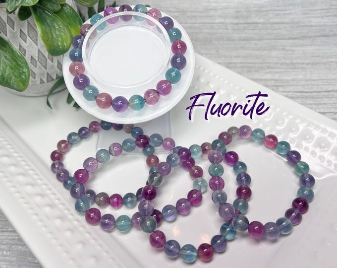 Colorful Fluorite Bracelet, Light Purple-Pink-Blue Fluorite Bracelet, 8-9mm or 9-10mm Round Beads