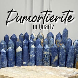 May include: A collection of Dumortierite in Quartz crystals, each with a unique shape and pattern. The crystals are primarily a deep blue color, with some featuring white and tan inclusions. The text "Dumortierite in Quartz" is displayed above the crystals.