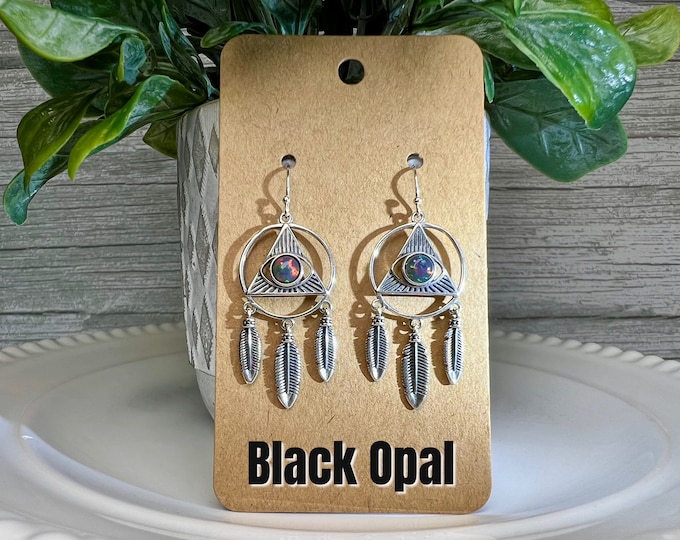 Black Opal All Seeing Eye Dangle Earrings, Black Opal in Triangle Design with Dangling Feathers, Opal Jewelry, 925 Silver Setting/Post