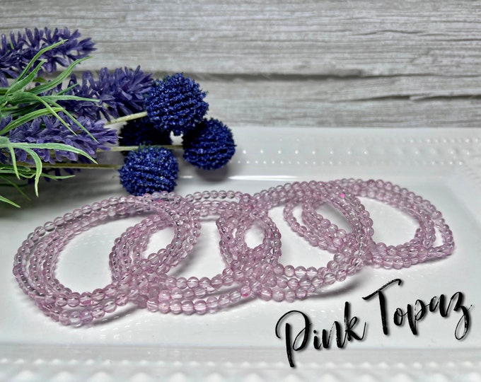 Pink Topaz Wrap Bracelet or 22" Necklace, Beautiful Pink Crystal, Elastic String, Round Beads 4-5mm