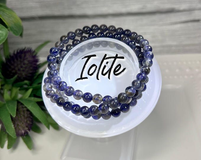 Iolite Wrap Bracelet or 22" Necklace, Iolite Crystal Jewelry, Elastic String, 6mm Round Beads
