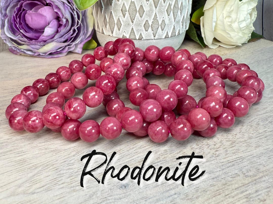 Deep Pink Rhodonite Bracelet, American Rhodonite, 9-10mm Round Beads ...