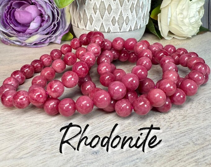 Deep Pink Rhodonite Bracelet, American Rhodonite, 9-10mm Round Beads, Gemmy Rhodonite Bracelet, Calming - Heart Chakra