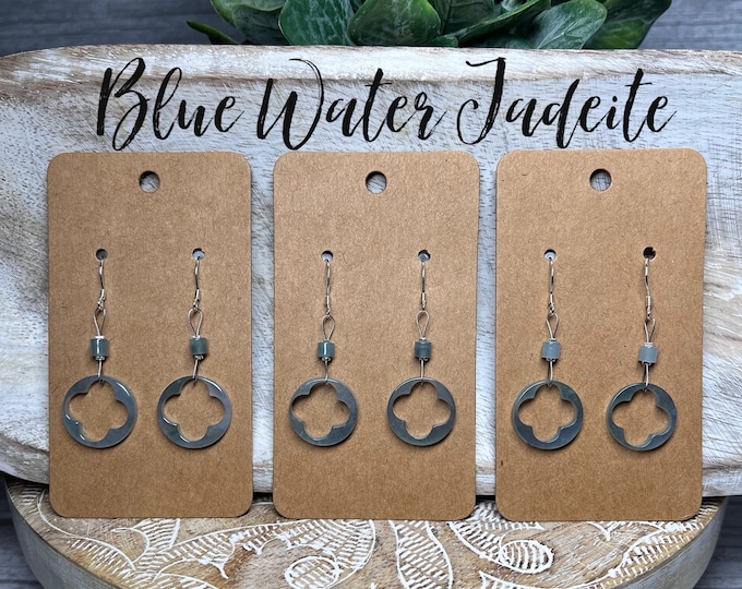 Beautiful Blue Water Jadeite Clover Dangle Earrings, Blue Water Jade Earrings, 925 Silver