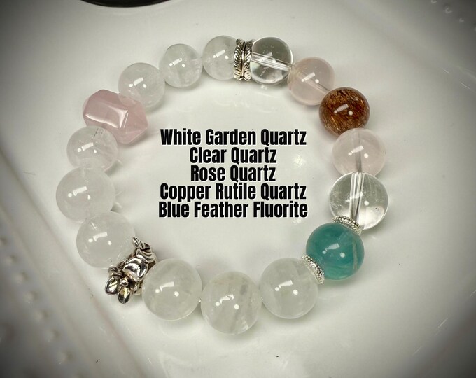 White Garden Quartz with Feather Fluorite and Copper Rutile DIY Bracelet, Rose Quartz DT Accent Bead, Star Rose Quartz (LLB19)