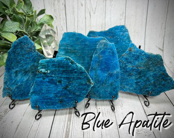 Blue Apatite Slab on Metal Stand, Blue Apatite Slice, Blue Apatite Crystal, Throat Chakra