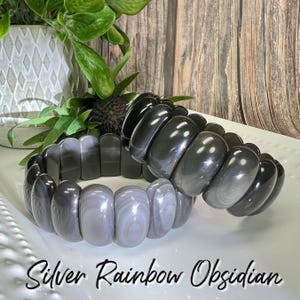 Silver Rainbow Obsidian Soft Bangle Bracelet, Large Obsidian Bracelet, Silvery Rainbow Obsidian Crystal Bracelet