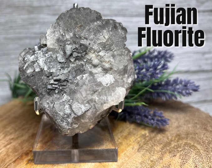 Fujian Fluorite Raw Stone, Cubic Fluorite, Fluorite Specimen, Acrylic Metal Stand Included